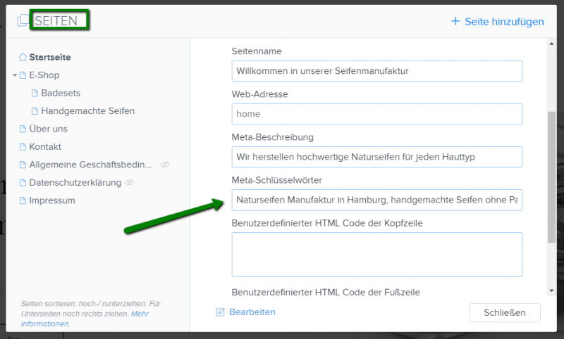 Eingabe der Metakeywords in die SEO-Einstellungender Seiten.