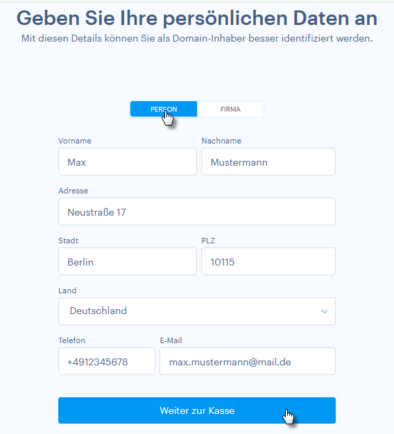 Persönliche Daten für die Domain-Registrierung eingeben