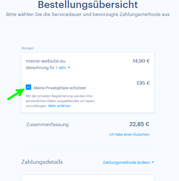 Datenschutz für Domain aktivieren