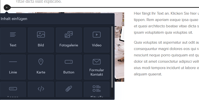 Wie man in Webnode Inhalt wie Buttons, Videos und mehr einfügen kann.