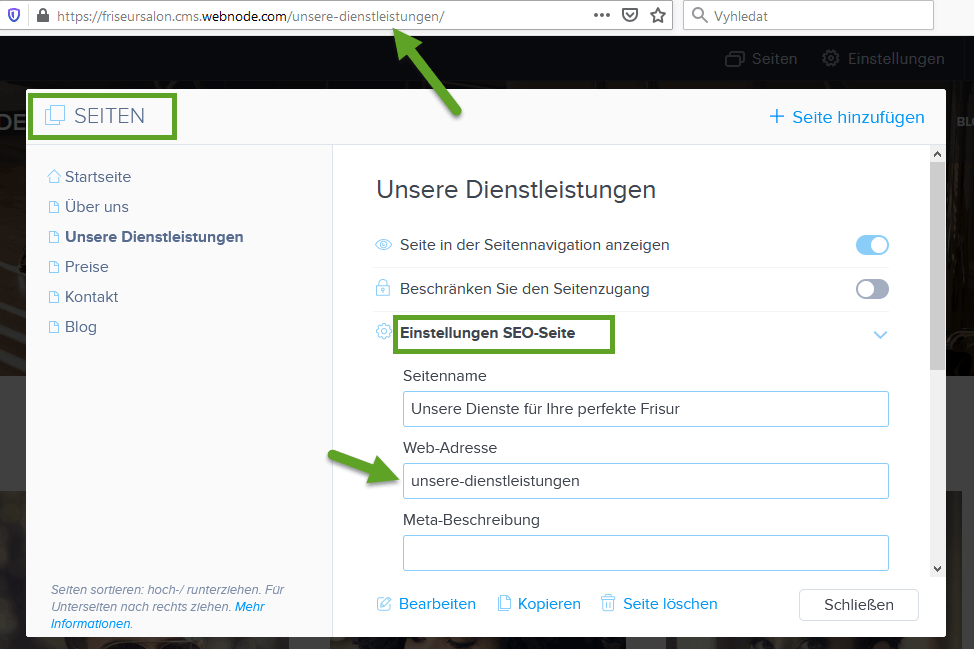 URL-Bearbeitung der Seite im Webnode Editor