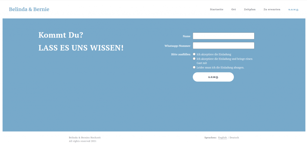 Hochzeitswebsite Beispiel: Formular für Antworten der Gäste Hochzeitswebsite Beispiel: Formular für Antworten der Gäste