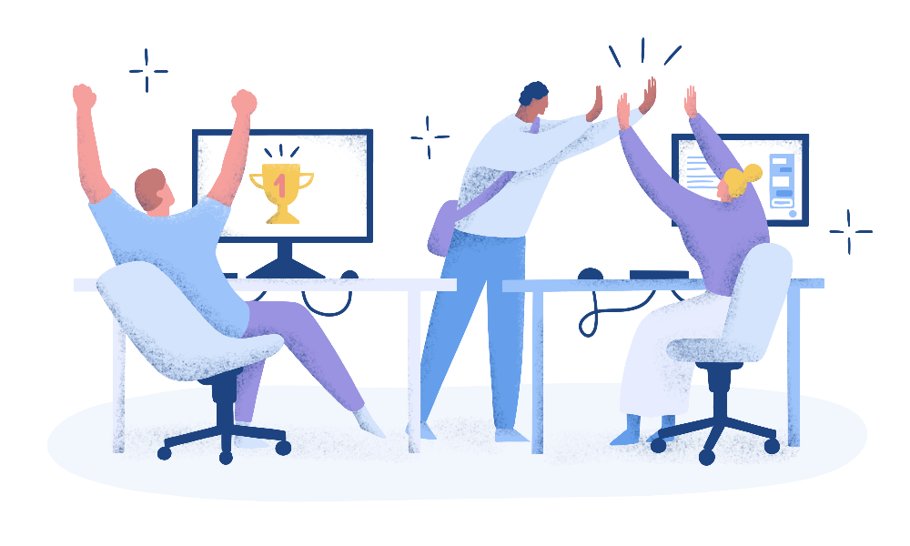 Grafik von Arbeitern, die im Büro sitzen und sich gegenseitig "high five" geben