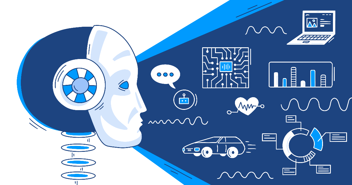 Grafik, die den Kopf eines Roboters zeigt, der KI-gesteuerte Technologien wie Autos, Computer und Datenanalyse visualisiert.