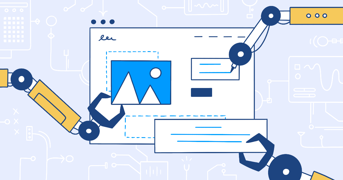 Grafik mit Roboterarmen, die Elemente einer Website platziert