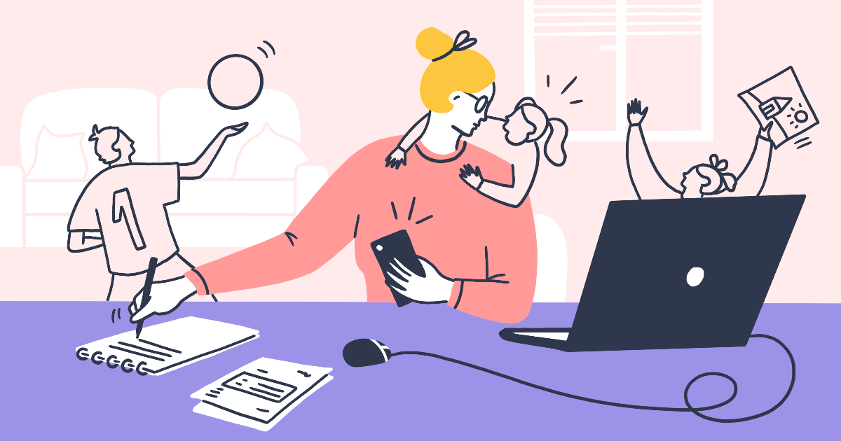 Graphik einer Mutter im Homeoffice, spielende Kinder im Hintergrund