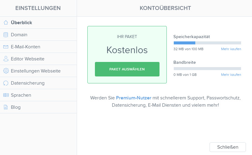 Bandbreite und Websitespeicher in den Einstellungen der Website