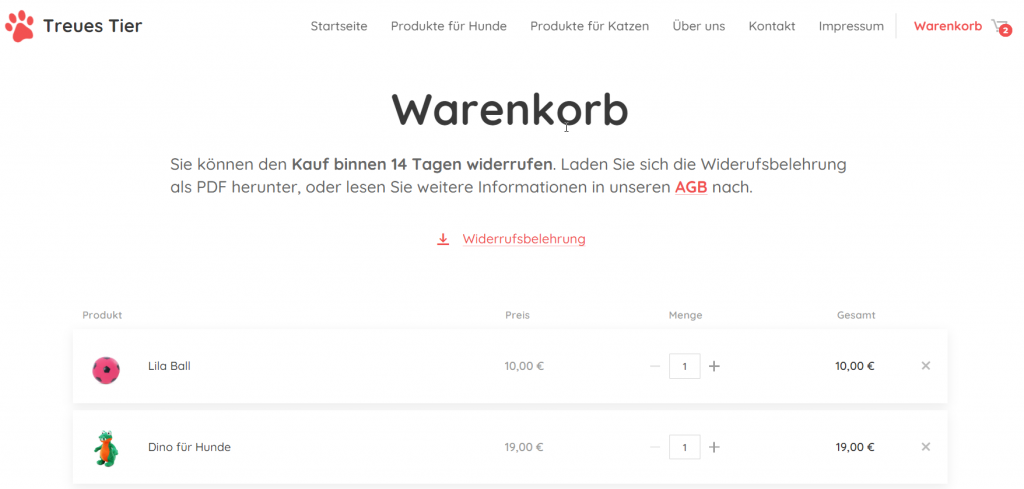 Hinweis zum Widerrufsrecht im Warenkorb 