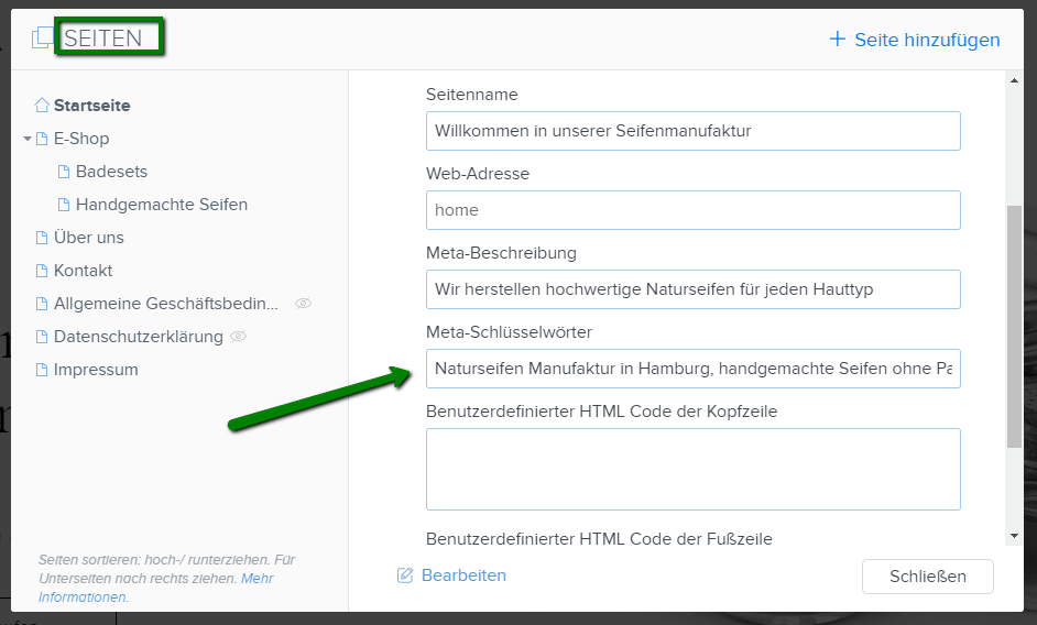 Meta-Beschreibung in den SEO-Einstellungen des Webnode Editors