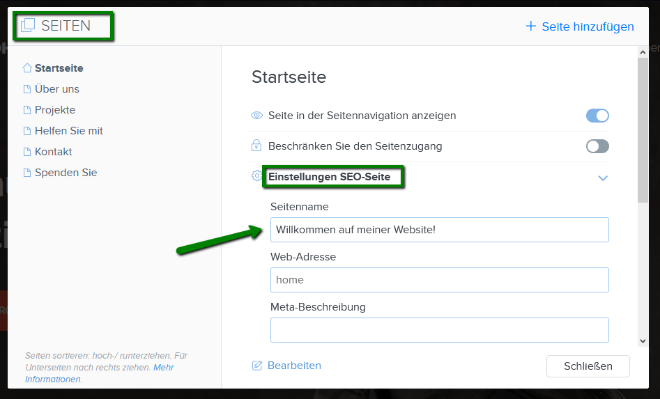 Seitentitel im Webnode Editor