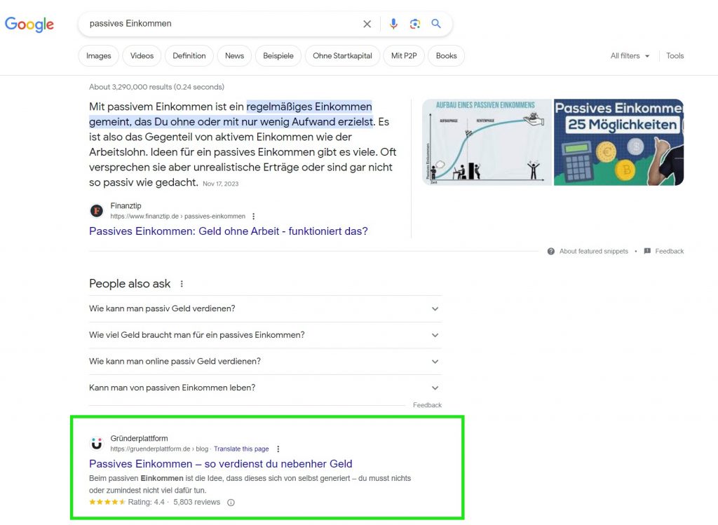 Organische Suchergebnisse in der SERP
