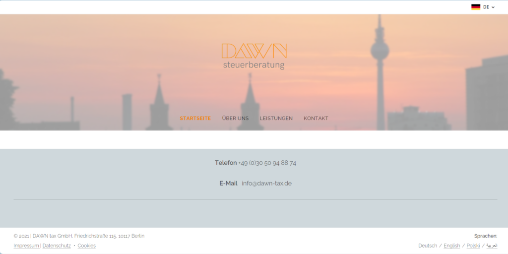 Website Footer Design der Dawn Tax GmbH
