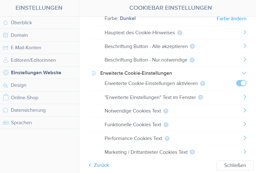 Erweiterte Cookie Einstellungen