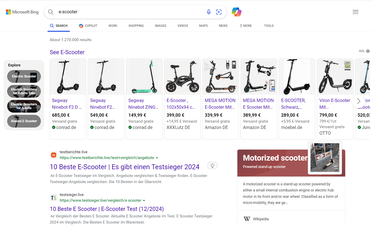 SERP für E-Scooter auf Microsoft