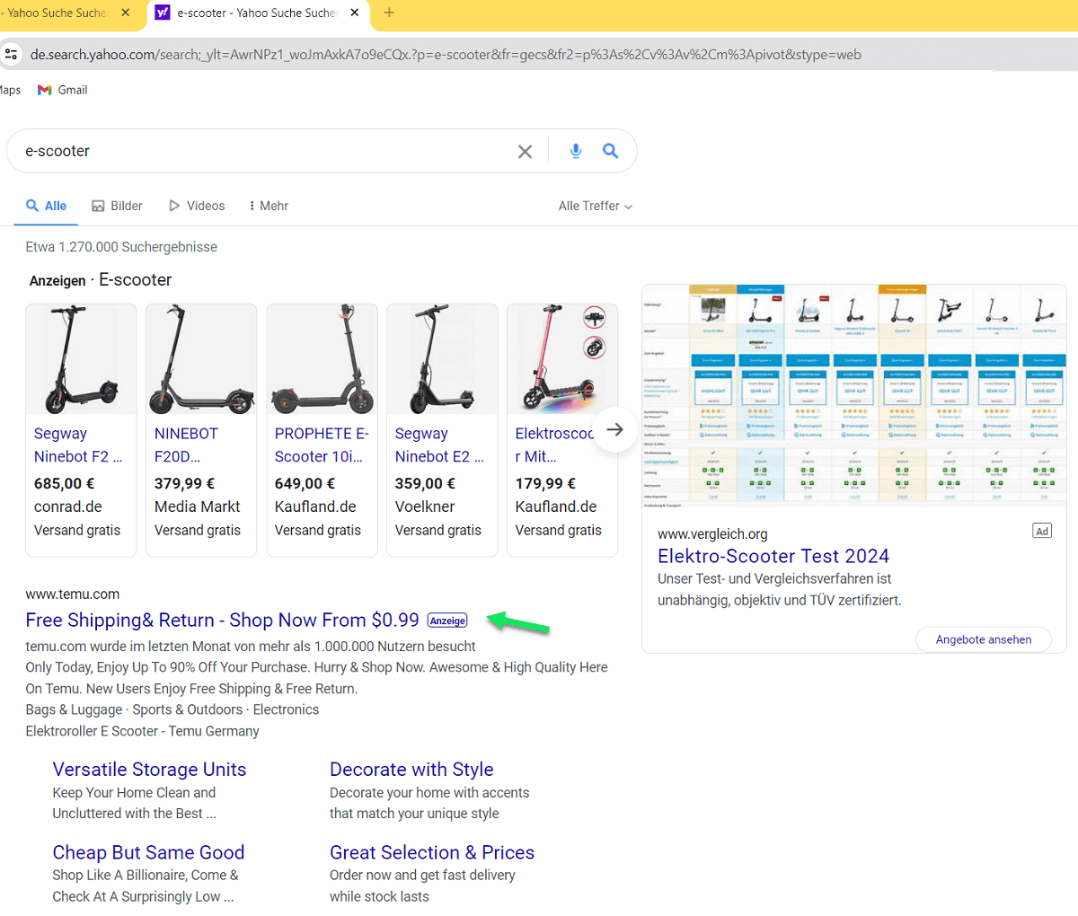 SERP für E-Scooter auf Yahoo