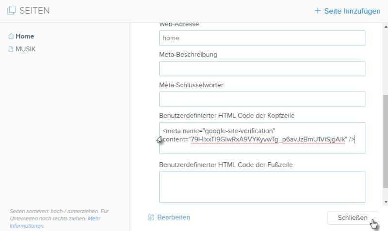 Hinzufügen des Verifizierungscodes der Google Search Console im Webnode-Editor 