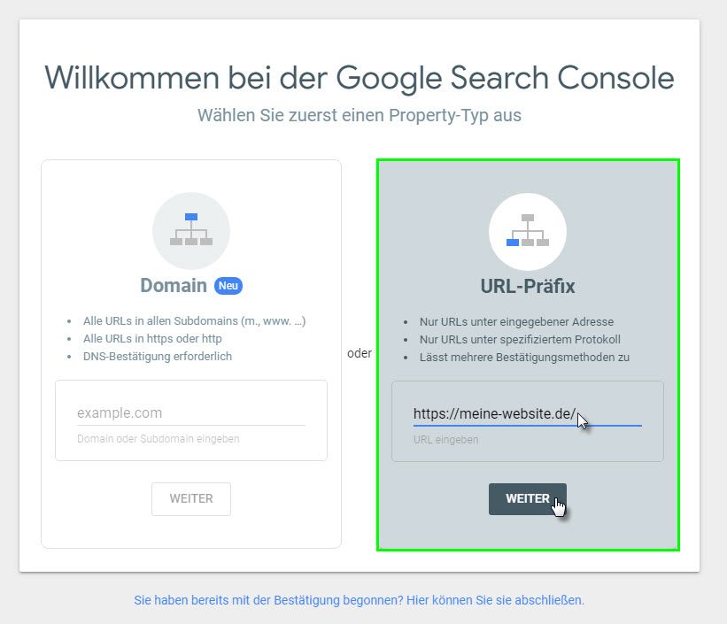 Website URL zur Search Console hinzufügen