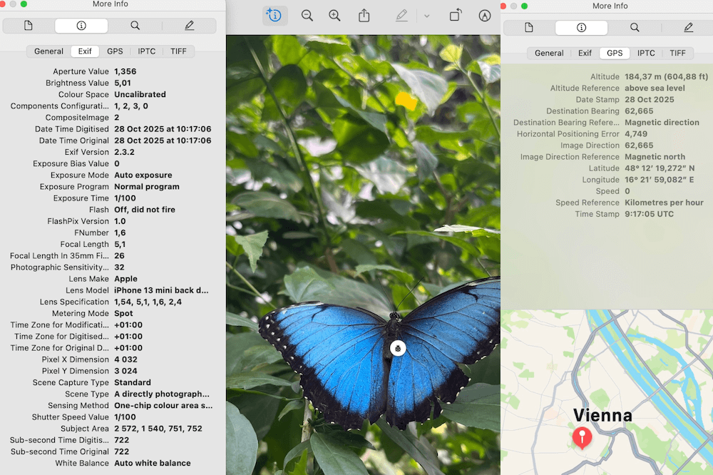 Bildinformationen, exif Datei und GPS