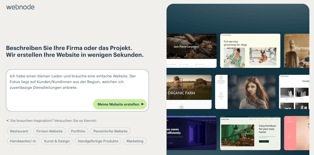 Webnodes AI Builder zur Beschreibung der Business Website